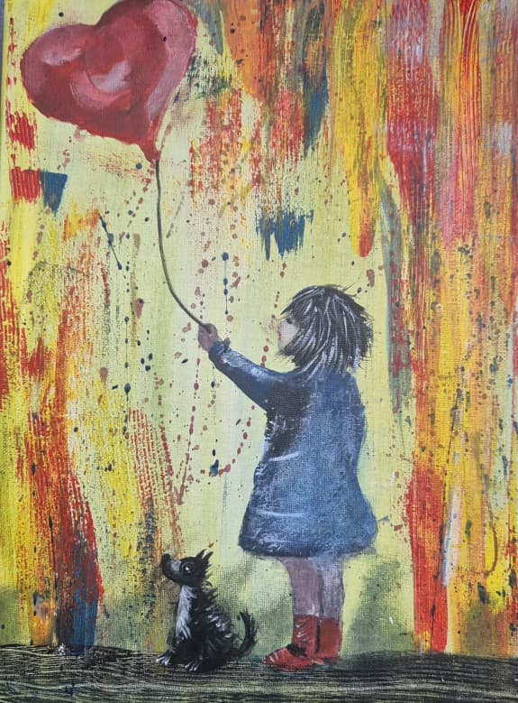 A3 fine art print – Love Lifts Us Up, girl in blue dress red boots holding giant red heart balloon, scruffy black white dog sitting beside, bold paint splash yellow red blue background, expressive whimsical love friendship art, premium archival paper, printed Yorkshire UK