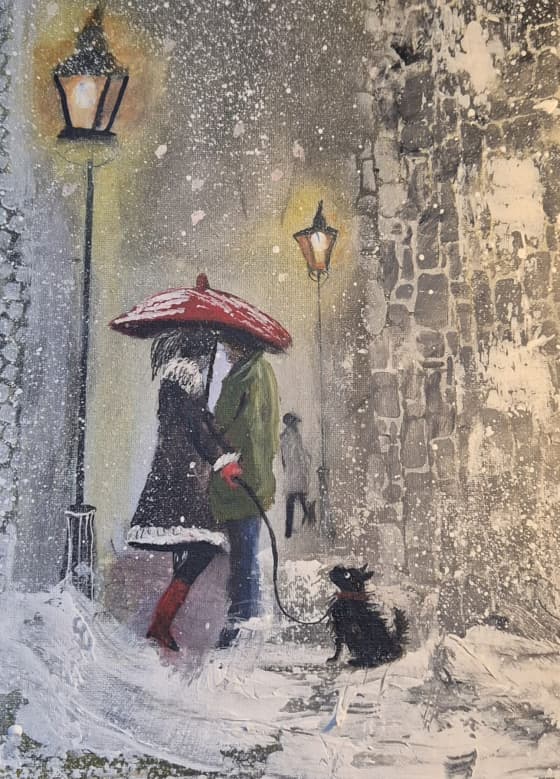 Original A3 acrylic on canvas β Couple with red umbrella, little black dog, snowy street vintage lamplights, winter scene painting, textured atmospheric art, handmade Yorkshire UK Original A3 canvas , Winter scene art , Red umbrella painting , Couple dog walk , Snowy street lamplight , Romantic winter art , Cosy home decor , Dog lover original , Yorkshire artist , Christmas wall art , Atmospheric painting , Textured canvas art π Meta Description Original A3 acrylic canvas painting β Winter walk couple under red umbrella, scruffy black dog, snowy lane lamplights. Cosy romantic atmospheric art, bold textures, unique one-of-a-kind, signed Yorkshire artist βοΈβοΈπΆ.