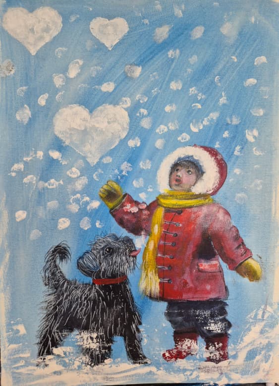 Original A3 canvas painting of child in red coat and scruffy black terrier dog playing in snow with heart shaped clouds – whimsical expressive winter art, textured acrylic ink, blue sky, white snow, yellow scarf