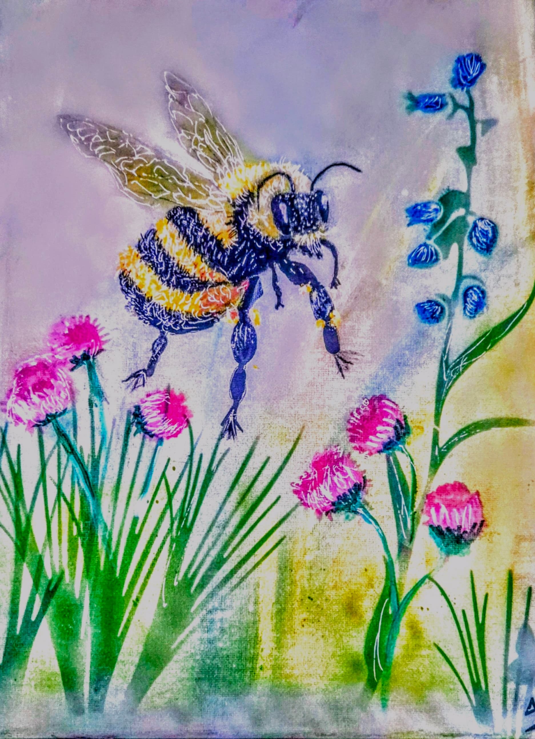 Original A3 canvas painting of a fluffy bumblebee flying over pink clover, bluebells and green wildflowers β expressive textured wildlife art in bright yellow, black, green, pink and blue