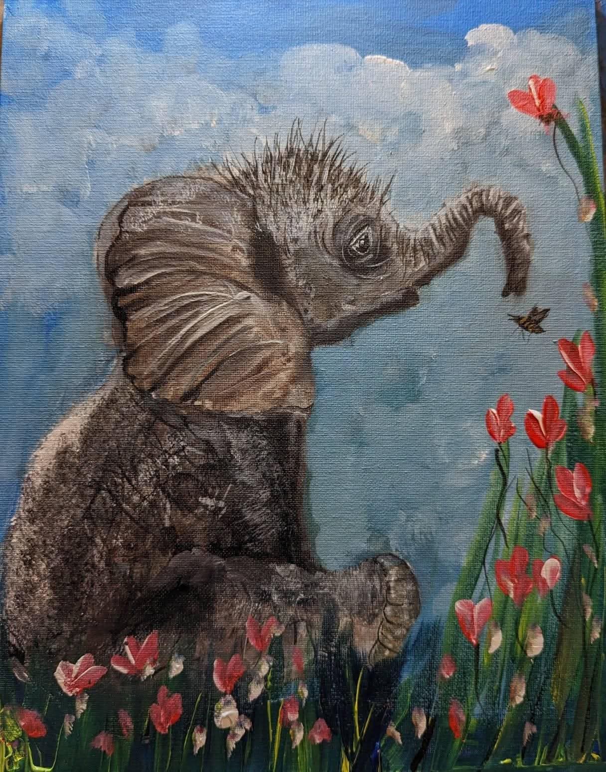 A3 fine art print – Curious Friends, fluffy baby elephant with wispy hair reaching trunk toward bumblebee, bright pink flowers blue sky, whimsical textured wildlife art, theme of curiosity innocence friendship, premium archival paper, printed Yorkshire UK